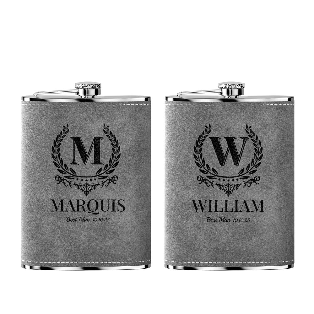 2-Pack 8 oz Personalized Stainless Steel Hip Flasks, Gray