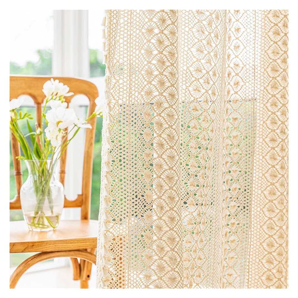 JMORCO Rustic Crochet Lace Curtains, Knitted Cotton Curtain Panels, B-Beige, Rod Pocket, W150 x H100 cm