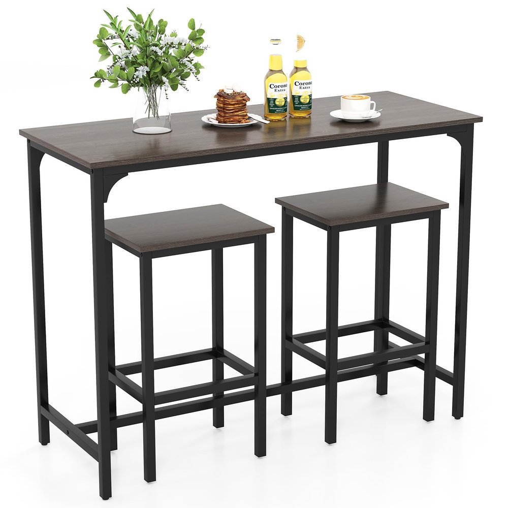 RELAX4LIFE Bar Table and 2 Barstool Set, 3-Piece Dining Set with Metal Frame and Footrests, Industrial Style, Gray