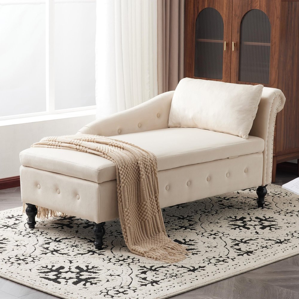 Modern Velvet Chaise Lounge Sofa with Storage, Right Armrest and Hydraulic Recline