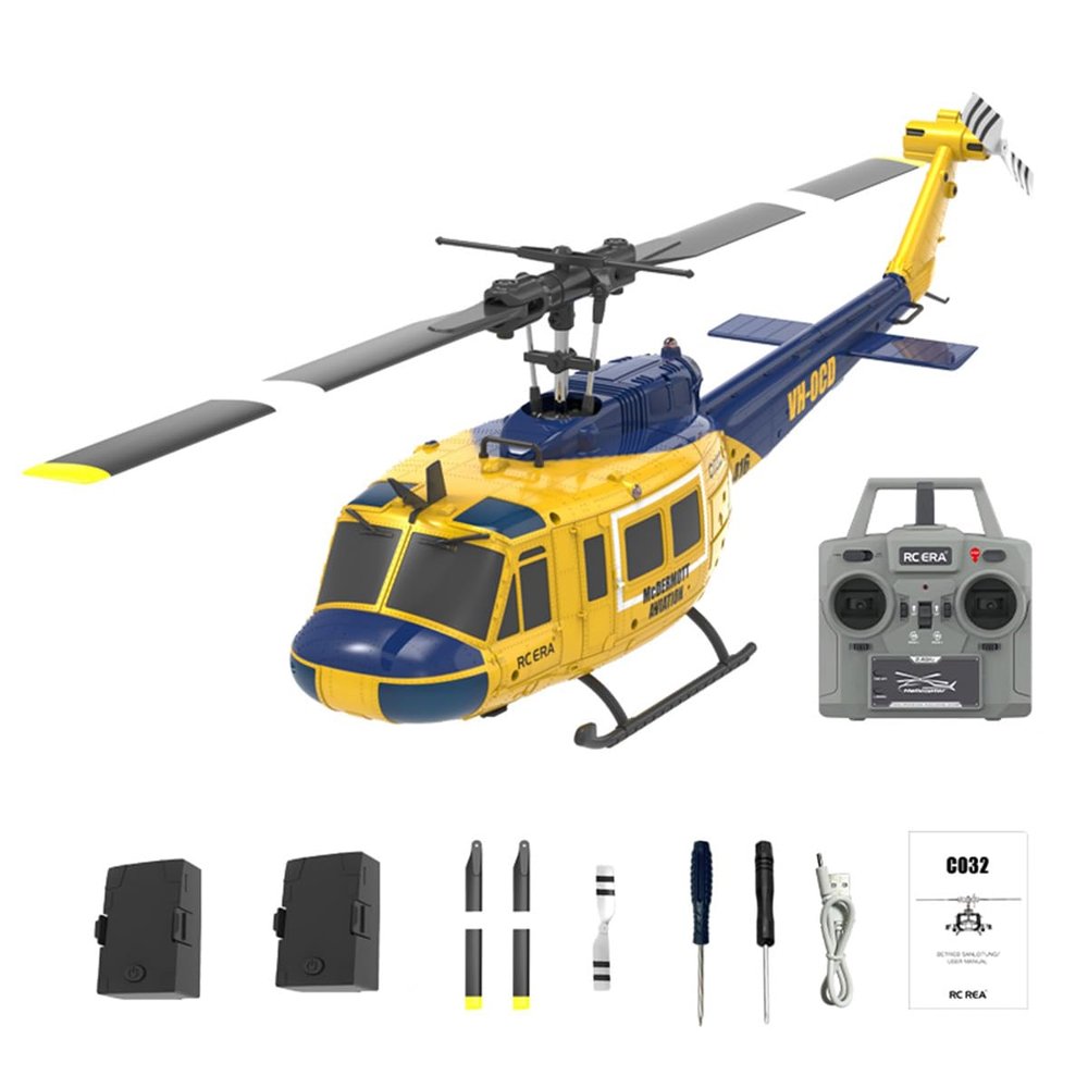 BuildCubes UH-1 C032 RC Helicopter for Adults, 1:48 Scale, 2.4G 6-Channel Flybarless Stunt Helicopter, Yellow/Blue, RTF