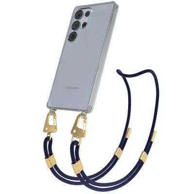 EAZY CASE Phone Chain with Carabiner for Galaxy S25 Ultra, Transparent Silicone Case, Midnight Blue, Gold Clips