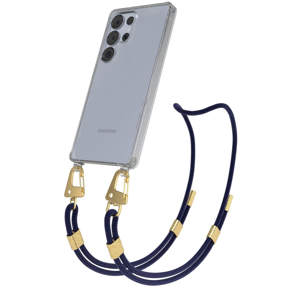 EAZY CASE Phone Chain with Carabiner for Galaxy S25 Ultra, Transparent Silicone Case, Midnight Blue, Gold Clips