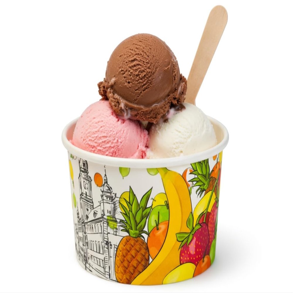 Printed Paper Ice Cream Cups, PLA-Coated, 225 ml, Fruit in the City, 24 Sleeves = 720 Cups