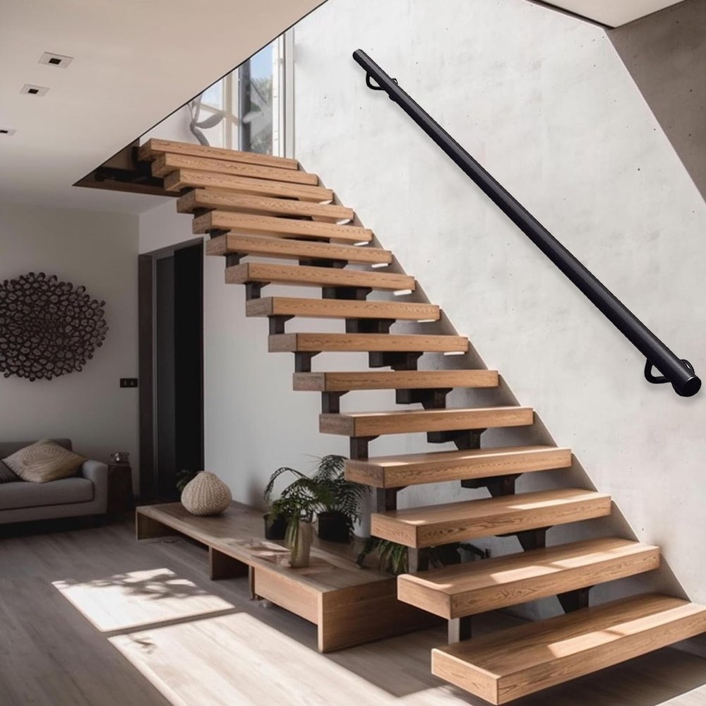 Gaommini Round Stair Handrail, 3 ft, 5 ft, 6 ft, or 7 ft, Galvanized Metal Wall-Mounted Railing for Indoor and Outdoor Steps (600 cm)