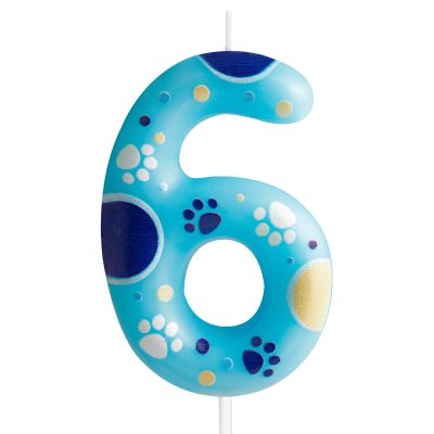 Blue Birthday Candle Number 6 with Paw Print