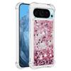 Shockproof Phone Case for Google Pixel 9 Pro with Liquid Quicksand Glitter and Floating Hearts, Reinforced Dual-Layer TPU Cover, SSD-Certified, Rose Gold view 1