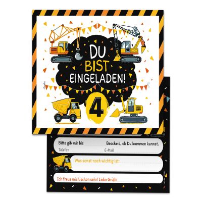 Junaversum 8 Excavator Construction Site Invitations for a 4th Birthday