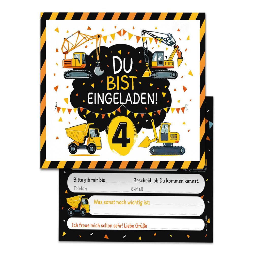 Junaversum 8 Excavator Construction Site Invitations for a 4th Birthday