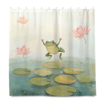 sanluoli 183 x 183 cm Polyester Shower Curtain with Hooks, Cute Frog and Green Spring Flowers