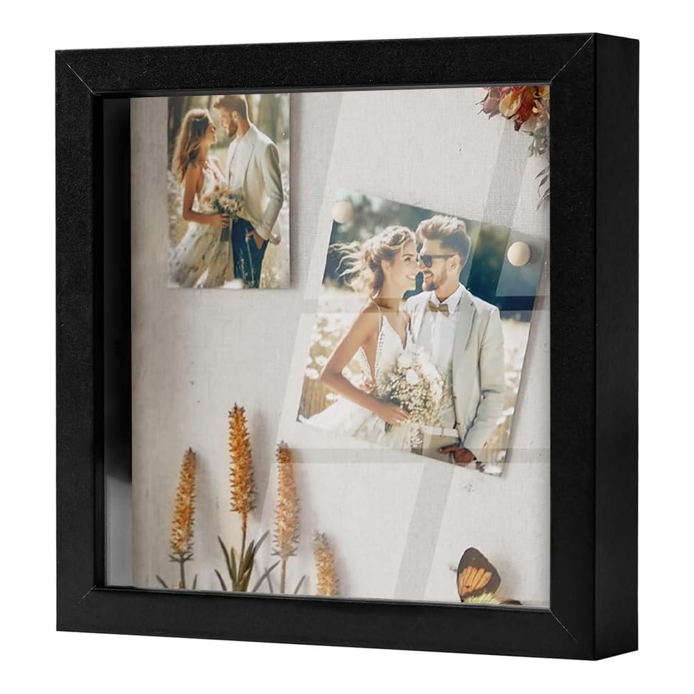 3D Shadow Box Frame, Deep Wood Display Frame for Objects up to 3 cm, Photos, Crafts, Artwork and Keepsakes, Black
