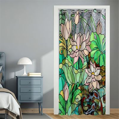 Surwin Blackout Door Curtain with Grommets, Thermal Insulating Curtain, Green Leaf Painting, 150 x 200 cm