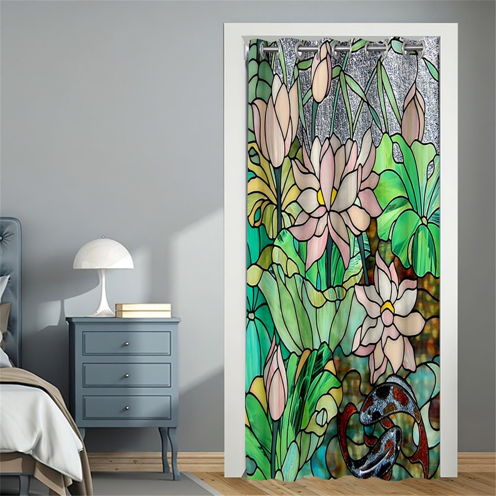 Surwin Blackout Door Curtain with Grommets, Thermal Insulating Curtain, Green Leaf Painting, 150 x 200 cm