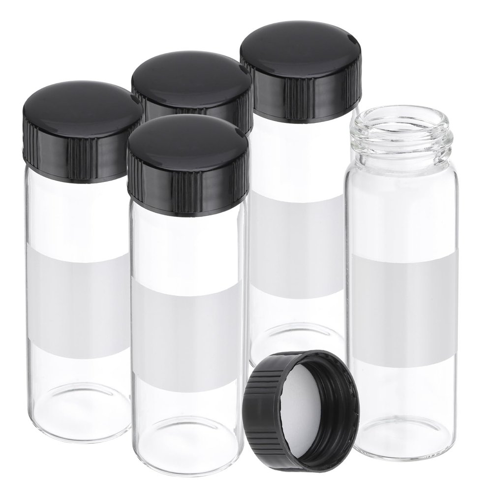 PATIKIL Small Glass Sample Vials with Lids, 5-Pack, 30 mL Clear Glass Bottles with Black Screw Caps and Labels
