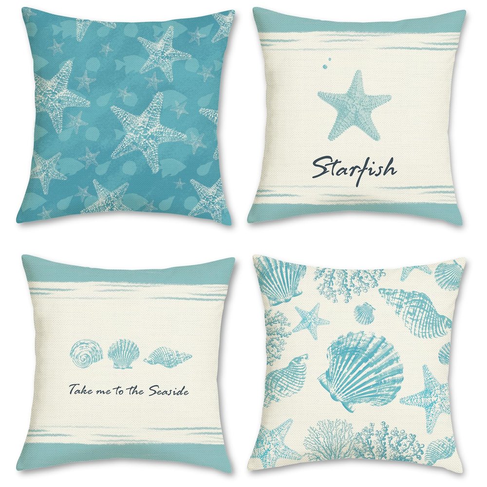 COZZSNUGE Summer Coastal Cushion Covers 45 x 45 cm, Starfish Shell Coral Maritime Decorative Pillow Covers 4-Pack
