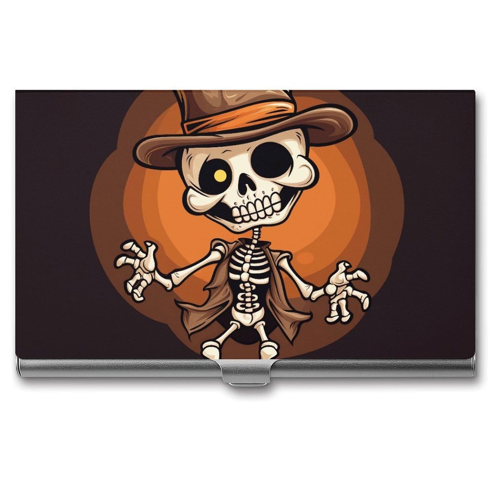 Metal Business Card Holder, Funny Skeleton Design, Slim Card Organizer, 3.7 × 2.2