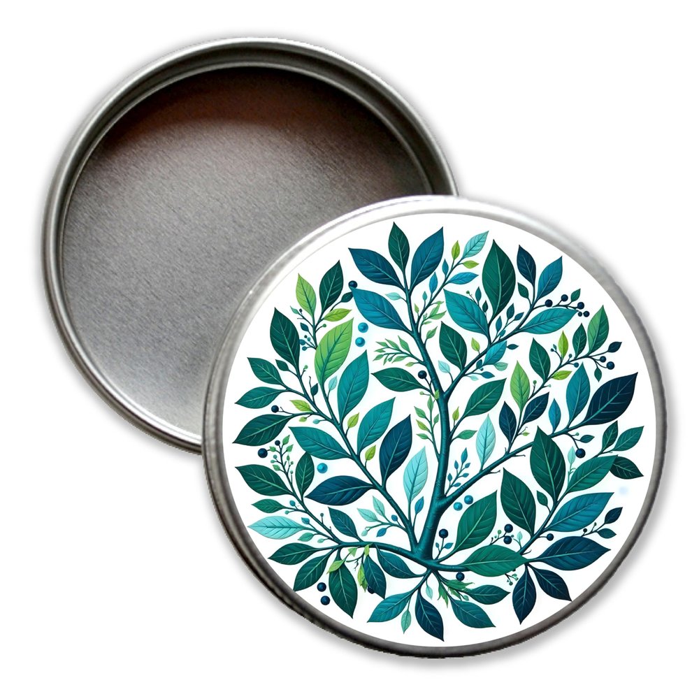 Small Round Metal Container with Green Leaves Design