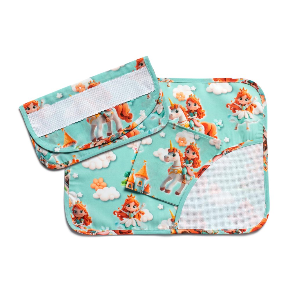 FILET - 3-Piece Cotton Breakfast Set for Kindergarten: Placemat, Napkin, and Napkin Holder, Made in Italy, Princess Green Design