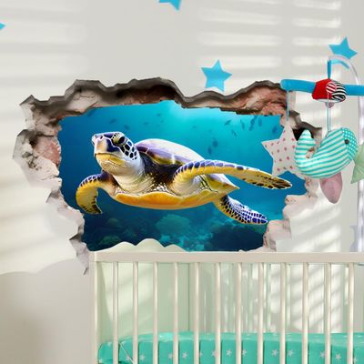 3D Sea Turtle Wall Decal, Ocean Theme, 62 x 45 cm, Underwater Scene
