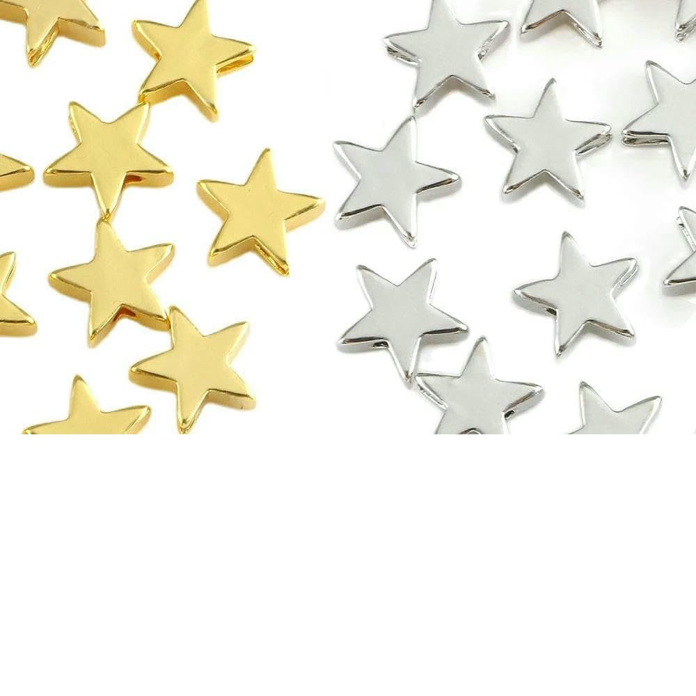10 Stainless Steel Heart and Star Spacer Beads, Gold/Silver, 8 x 3 mm, Star-Silver