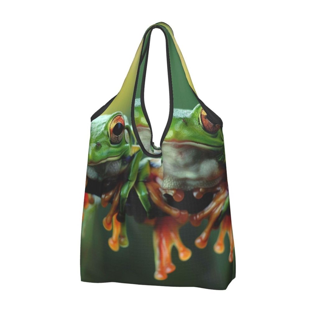 KCGSDEGV Reusable Shopping Bag with Fun Frog Print, Foldable Tote Bag for Shopping, Travel, Beach, and Work, Black, 1 Pack