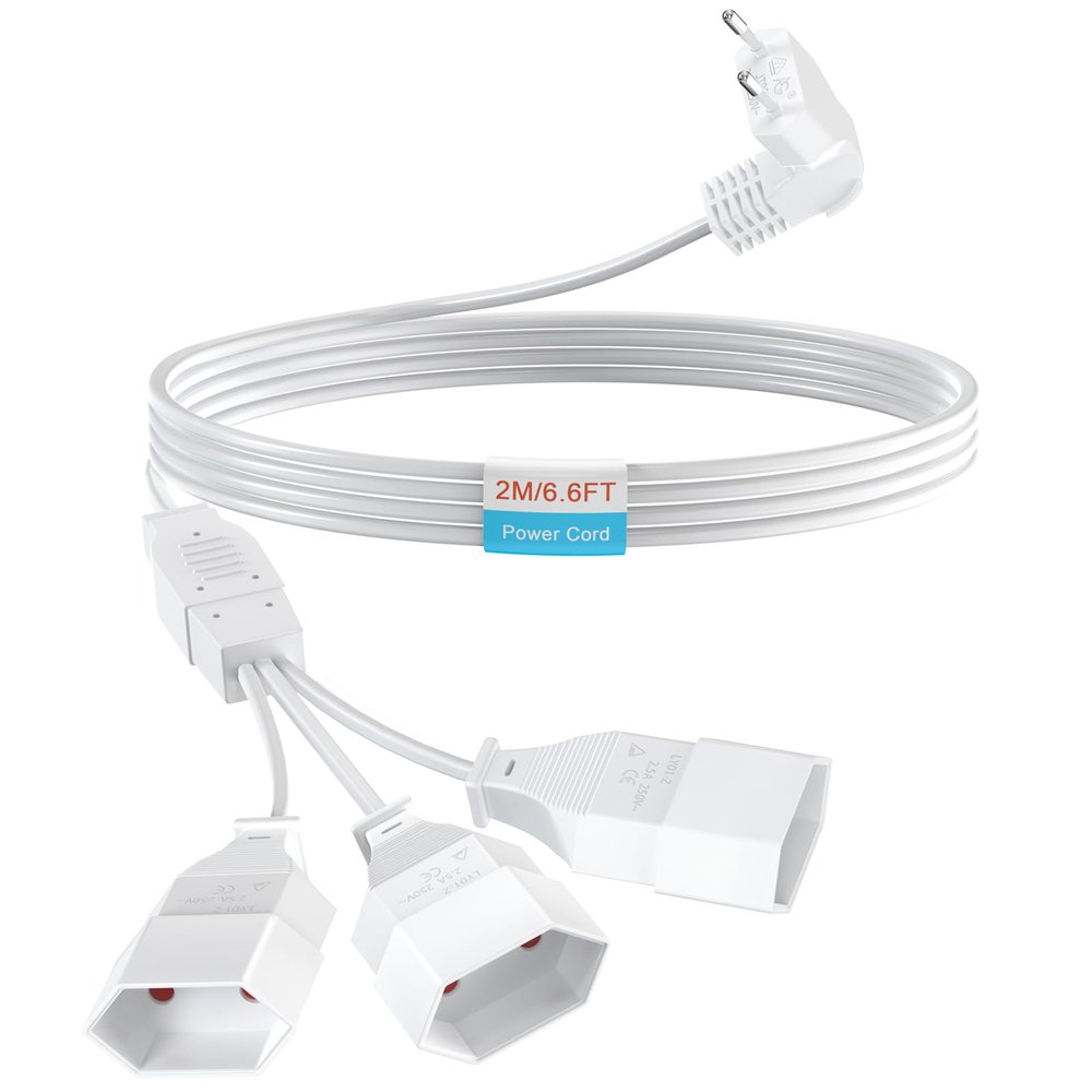 2 m 3-in-1 Euro Power Cable Extension, 1 Plug to 3 Sockets, 0.75 mm, Max. 2.5 A/250 V, White