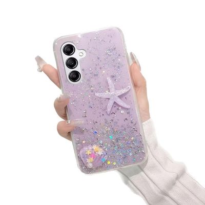 SEHEYA Case for Samsung Galaxy S25, Purple Glitter Silicone TPU with Starfish and Shells