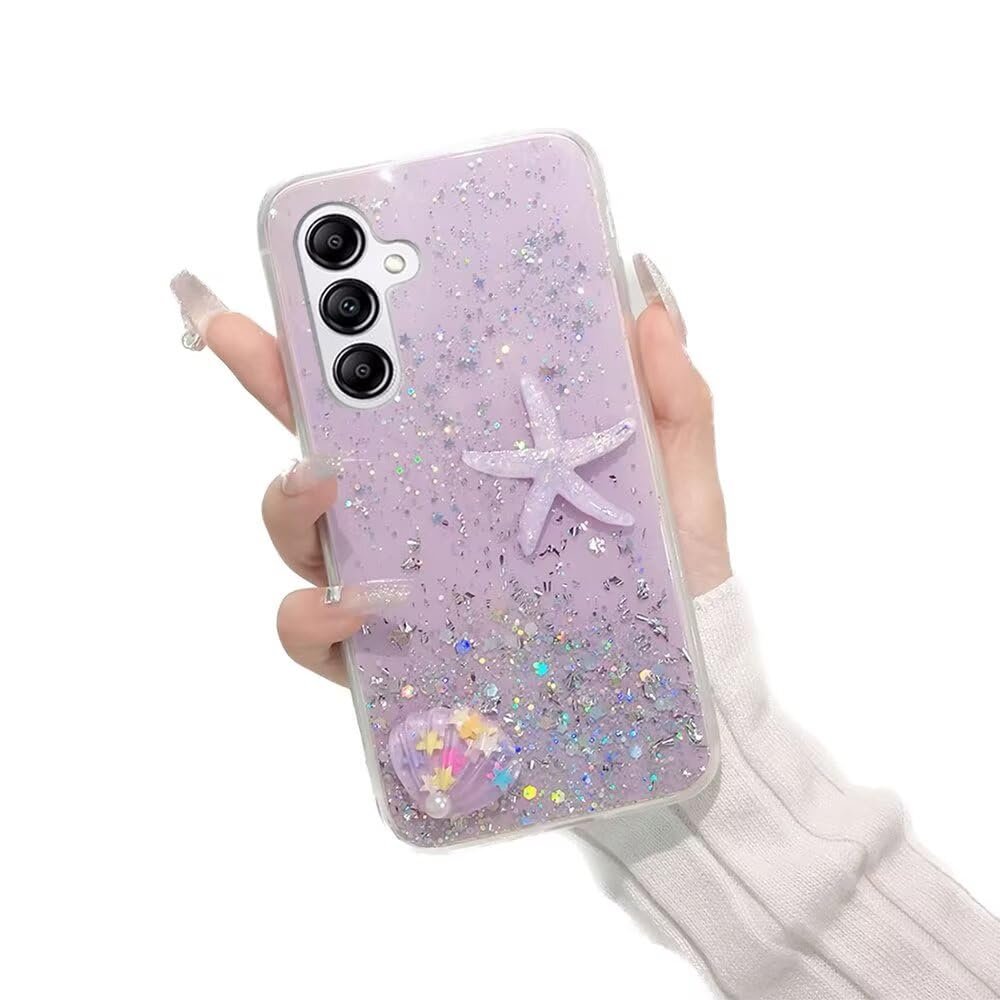 SEHEYA Case for Samsung Galaxy S25, Purple Glitter Silicone TPU with Starfish and Shells