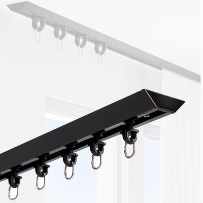 Adhesive Ceiling Curtain Track with End Caps and Hooks, Black, No Drilling