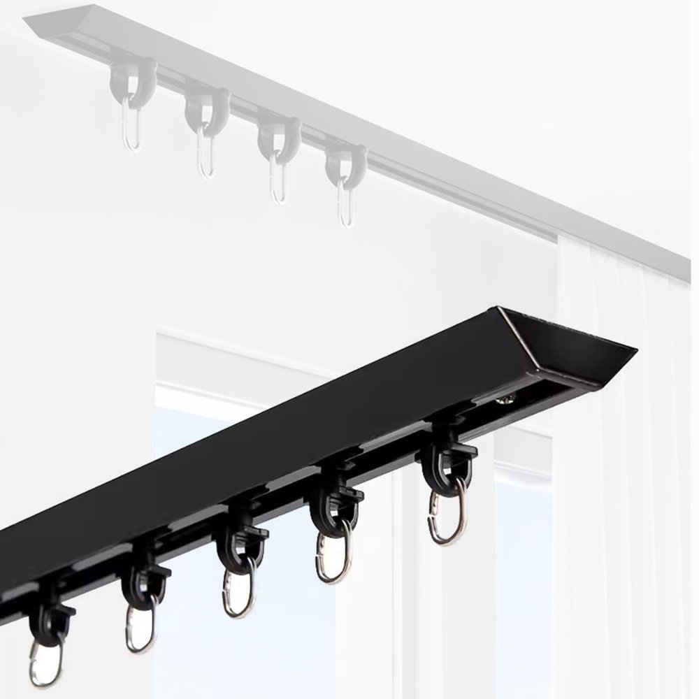 Adhesive Ceiling Curtain Track with End Caps and Hooks, Black, No Drilling