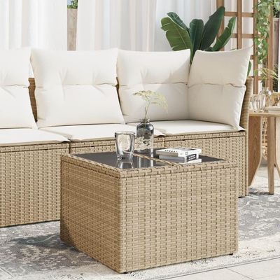 WKIEQACO Outdoor Garden Table with Glass Top, Beige, 55 x 55 x 37 cm, Polyrattan