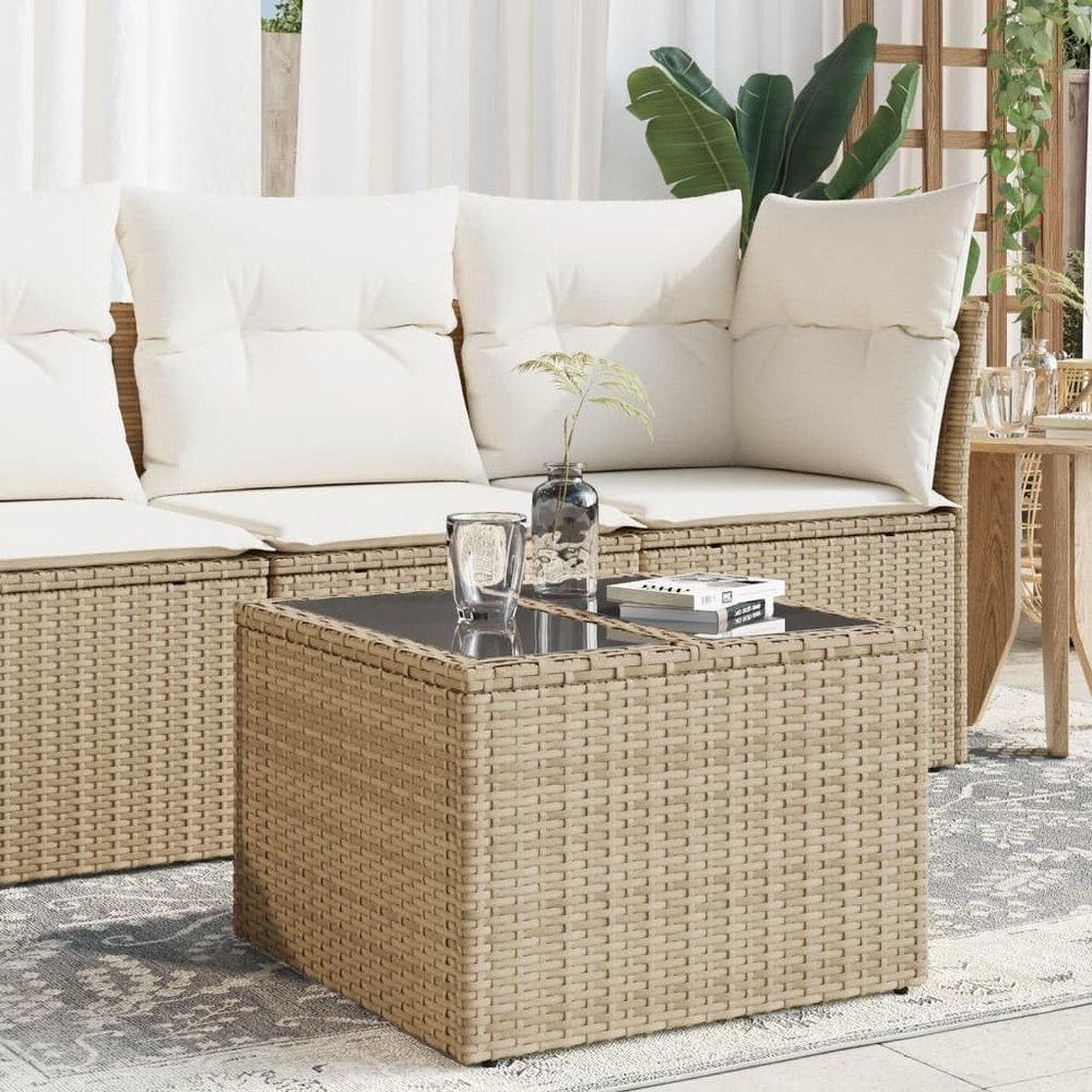 WKIEQACO Outdoor Garden Table with Glass Top, Beige, 55 x 55 x 37 cm, Polyrattan