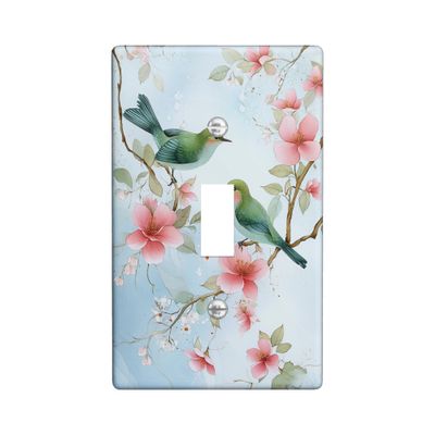 Spring Bird Single Toggle Switch Wall Plate, Green Songbirds with Peach Blossoms