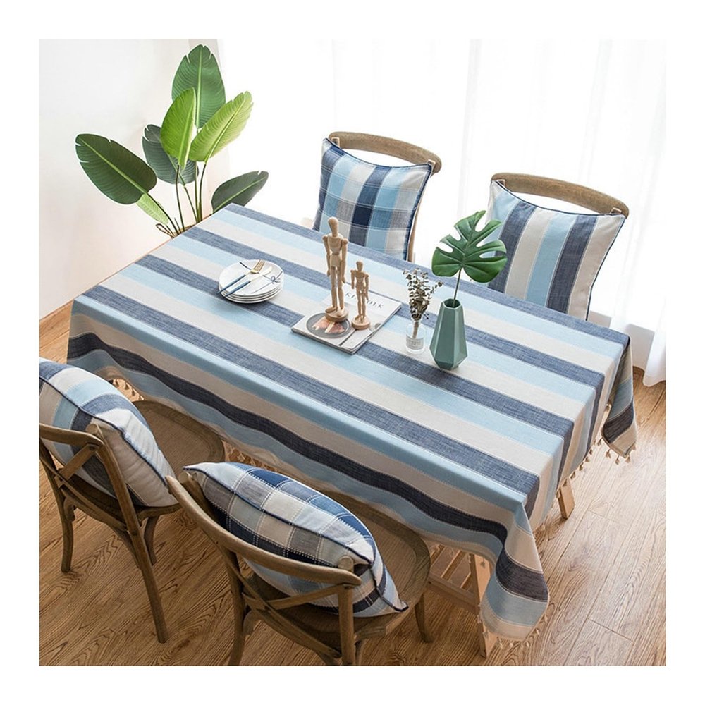 Stfery Washable Striped Tablecloth, Dark Blue, 60 x 60 cm, Linen Look with Tassels