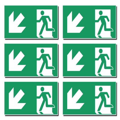 Stickers: 50 x 100 mm, 6 pcs. - Escape Route/Emergency Exit, Down-Left Arrow - E001/E002 - Green/White