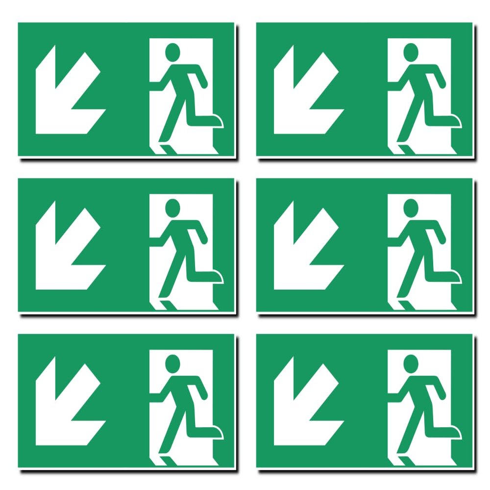 Stickers: 50 x 100 mm, 6 pcs. - Escape Route/Emergency Exit, Down-Left Arrow - E001/E002 - Green/White