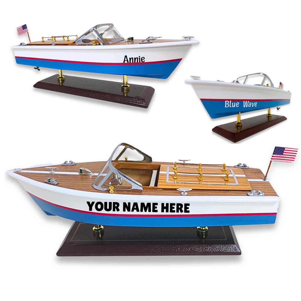 Handcrafted Classic Wooden Speedboat Model Vintage Luxury Collectible with Detailed Brass Accents, American Flag, and Elegant Display Stand Perfect for Nautical