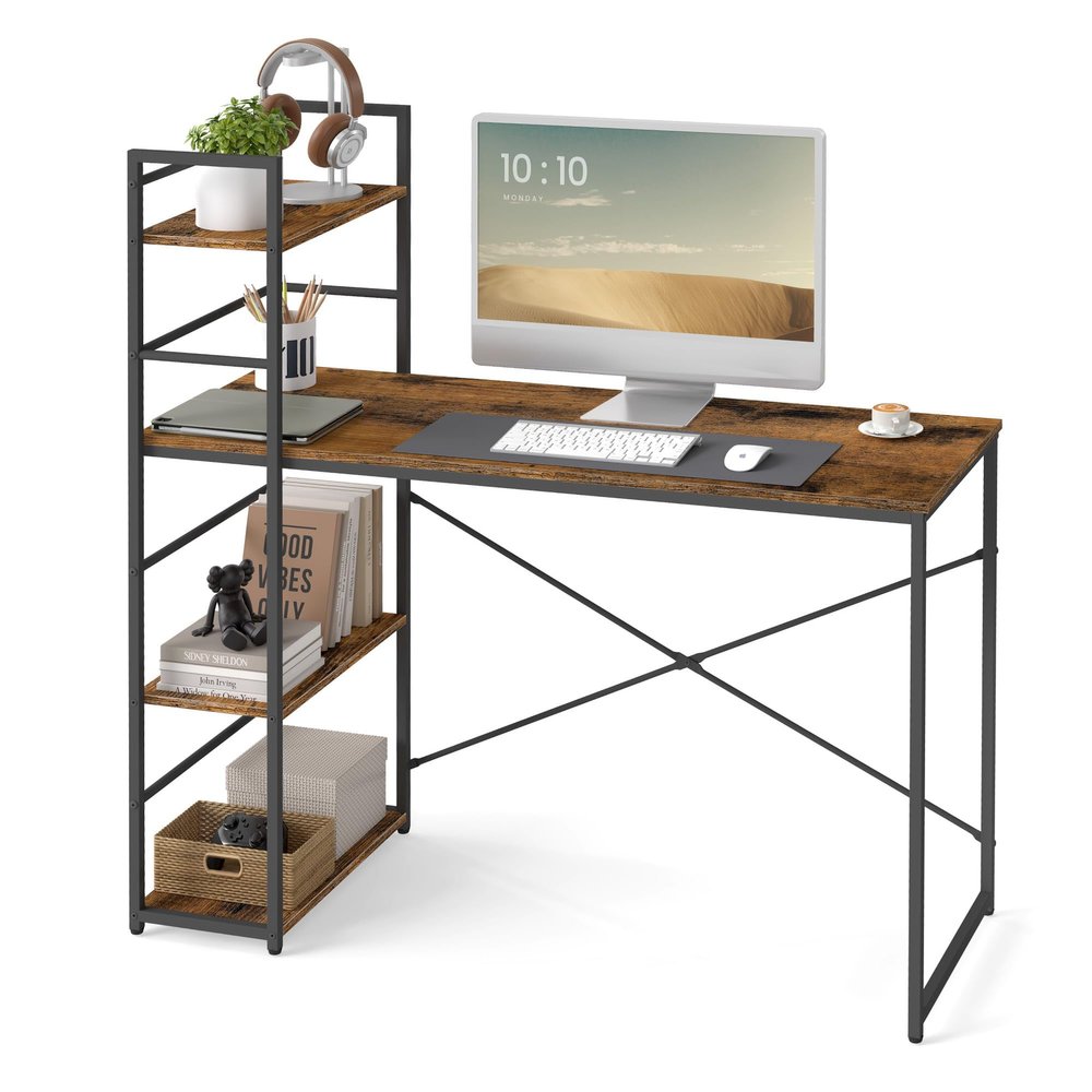 VBChome MAX Desk with Shelves, Rustic Wood Look, Black, 120 x 44 x 120 cm