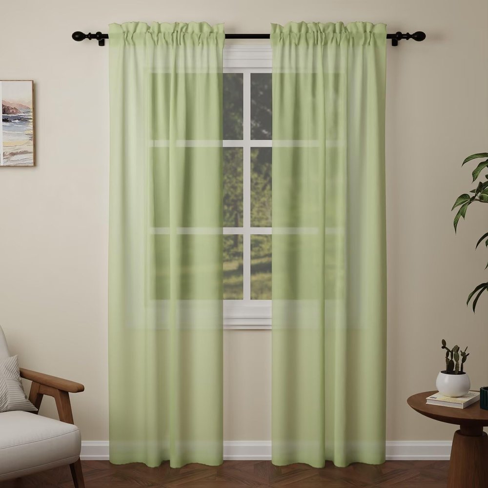 Pacok Voile Curtains, 90 in, 2 Panels, Rod Pocket, 56 x 90 in, Green