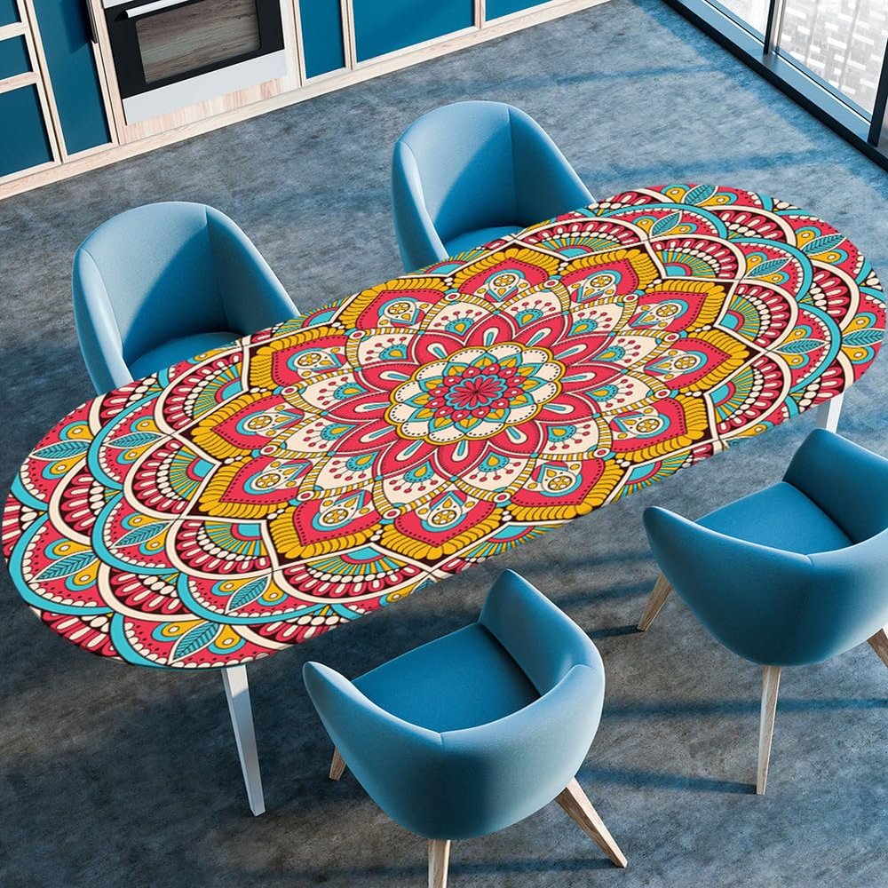 Highdi 3D Stretch Oval Tablecloth, Washable, Elastic-Fit Outdoor Table Cover, Vintage Mandala 9,107 x 165 cm