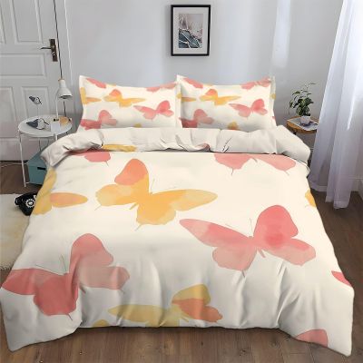 Beige 3-Piece Bedding Set, 200 x 200 cm, Watercolor Butterfly Design