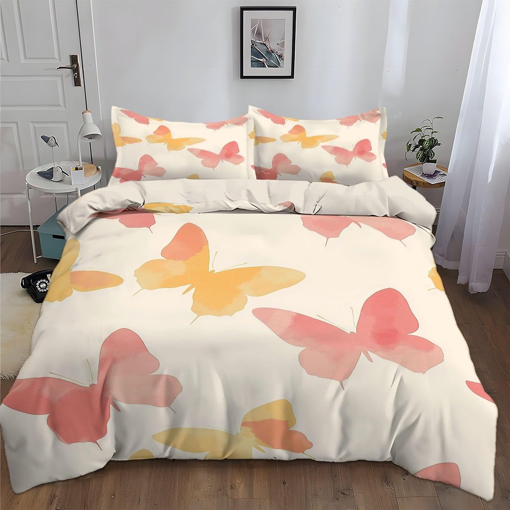 Beige 3-Piece Bedding Set, 200 x 200 cm, Watercolor Butterfly Design