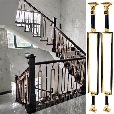 Indoor/Outdoor Stair Railing Metal Baluster Spindles, Modern Square Black-and-Gold Railing for Interior and Deck Stairs