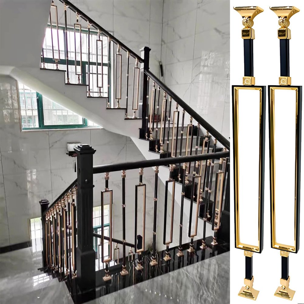 Indoor/Outdoor Stair Railing Metal Baluster Spindles, Modern Square Black-and-Gold Railing for Interior and Deck Stairs