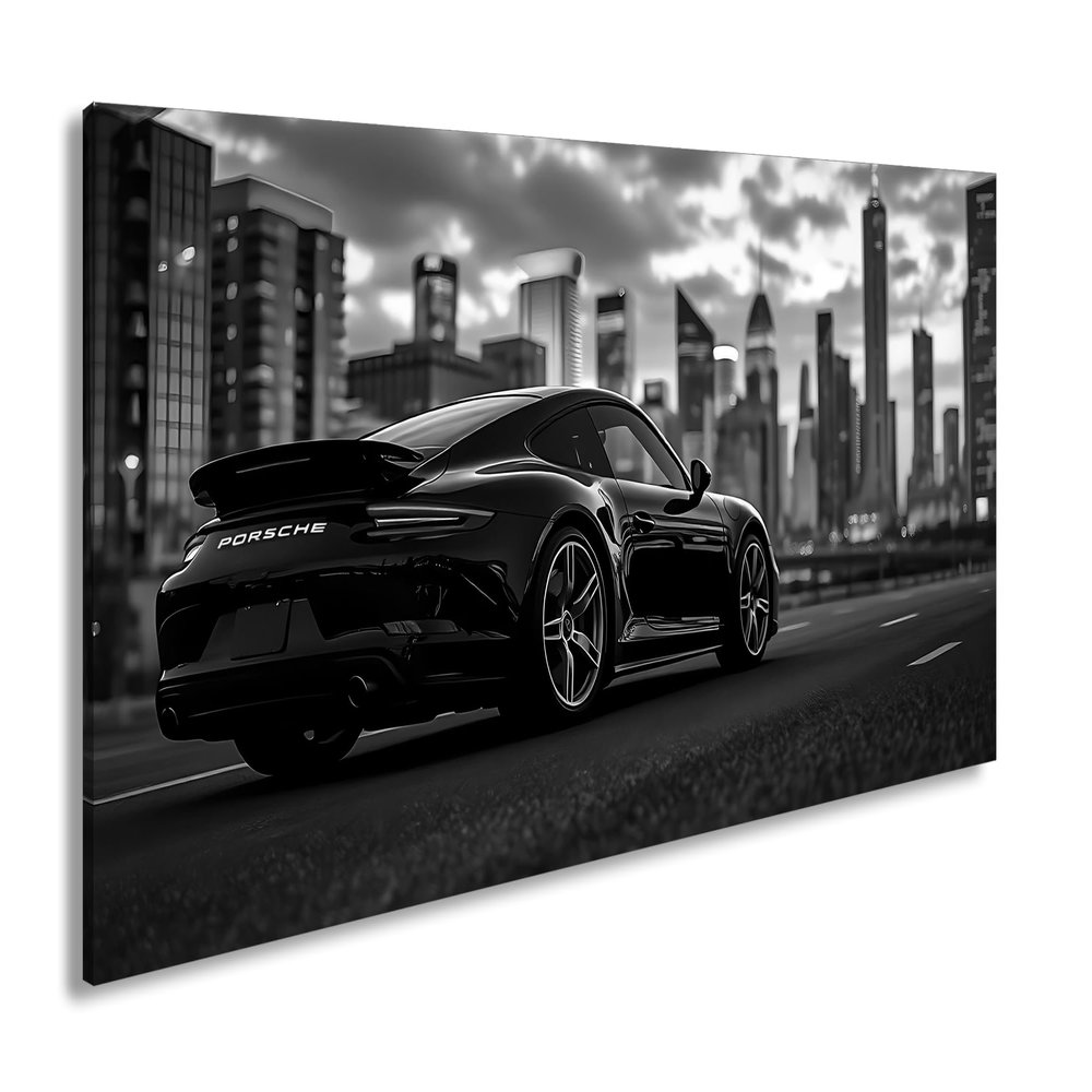 Black Porsche in Front of Skyline – Elegant, Fast, Urban | 100 × 50 cm Panorama Canvas Print