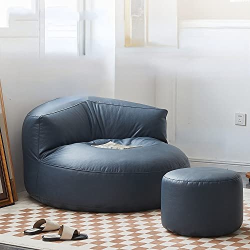 Navy Blue Faux Leather Bean Bag Sofa Set with Filler, Corner Pouf, Ottoman, and Footstool