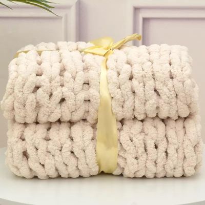 Wttfc Chenille Chunky Knit Blanket, Handmade, Beige, 60 x 60 cm