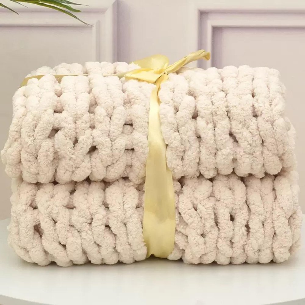 Wttfc Chenille Chunky Knit Blanket, Handmade, Beige, 60 x 60 cm