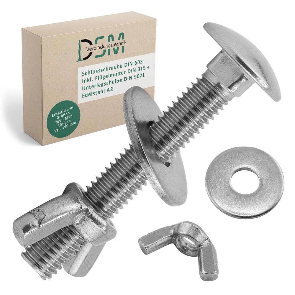 DSM M8 x 65 mm Stainless Steel Carriage Bolt Set, DIN 603, 100 Pieces
