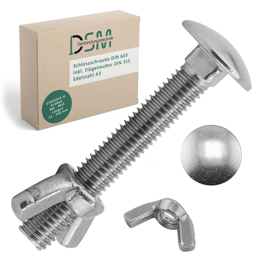 DSM M12 x 60 mm Carriage Bolts with Wing Nuts, DIN 603, A2 Stainless Steel, Set of 25